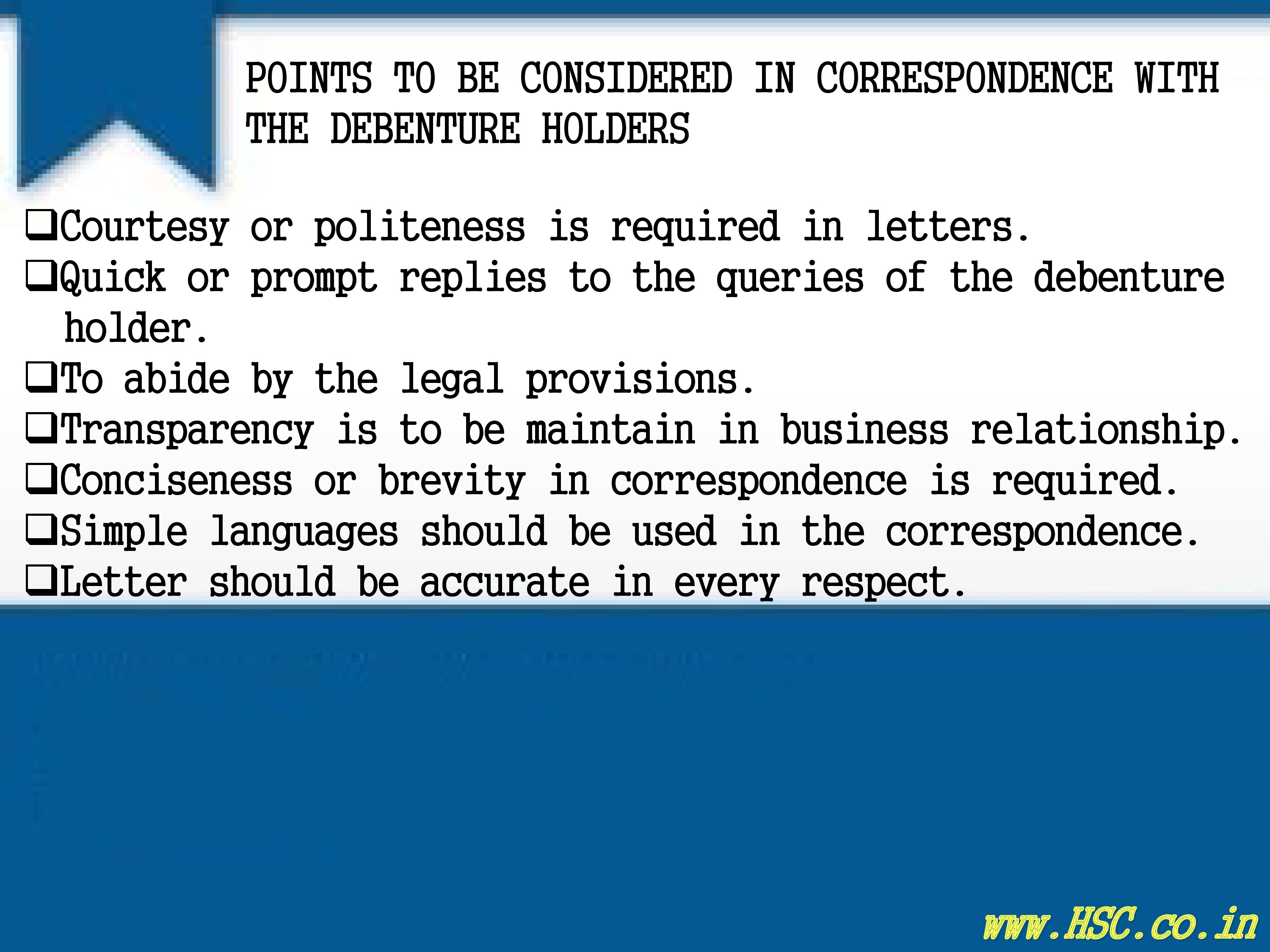 Correspondence With Debenture Holders S.P Notes HSC Higher